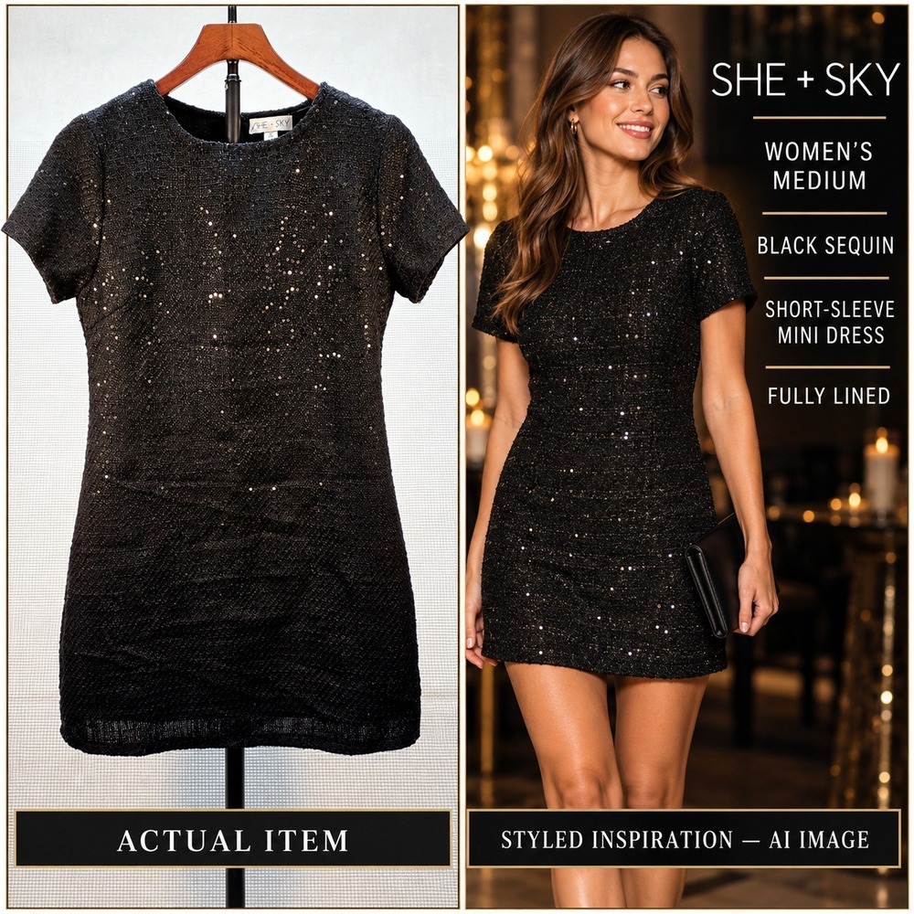 SHE + SKY Black Sequin Tweed Shift Dress Size M Shimmer Mini Short Sleeve NYE